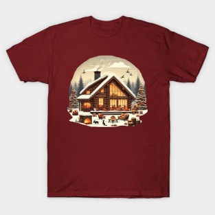 a warm and inviting cabin surrounded by a snowy landscape. and there's elements like a crackling fireplace, decorated Christmas tree, and a family or group of friends enjoying the holiday season inside. T-Shirt